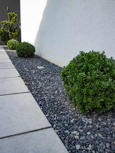 Beach pebbles zwart aangelegde tuin